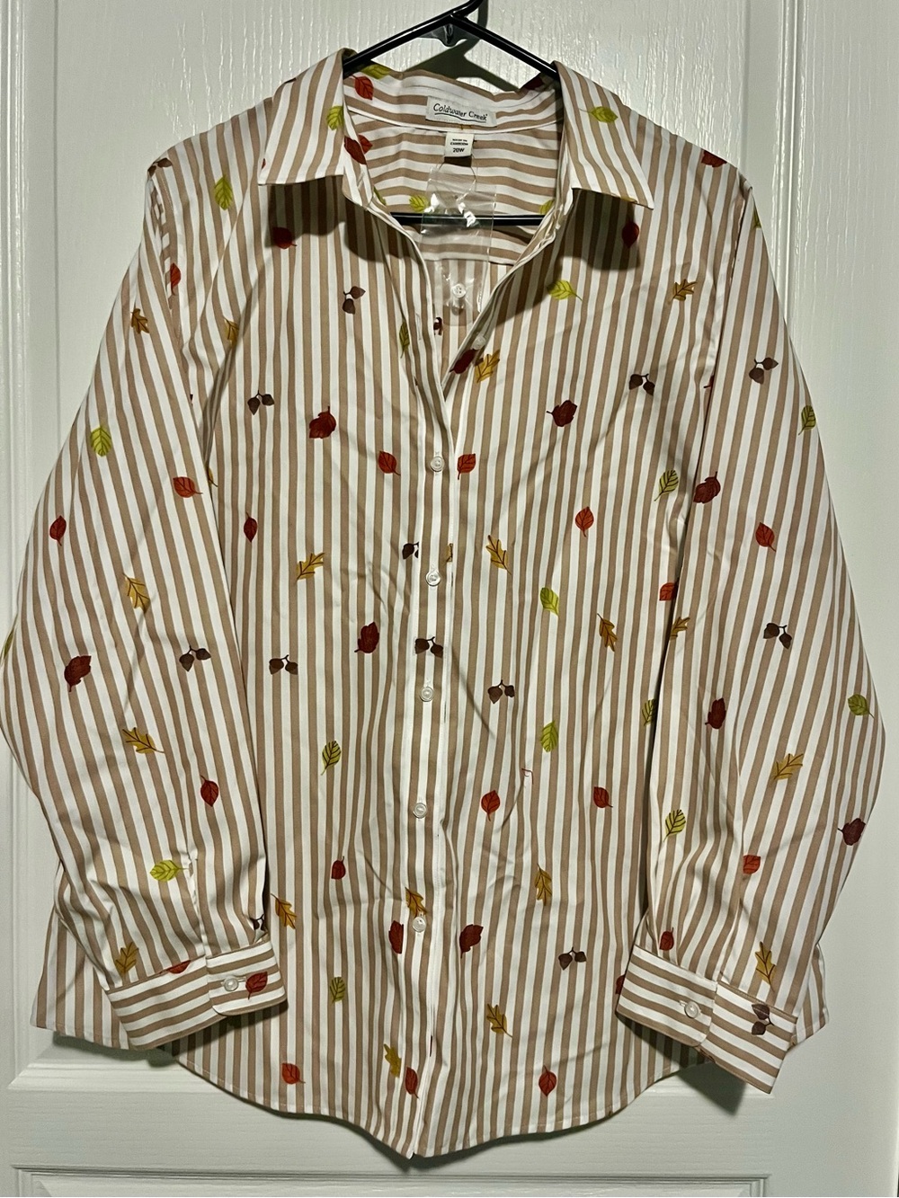 Coldwater Creek Beige & cream Striped Button-Down with Autumn Leaf Print